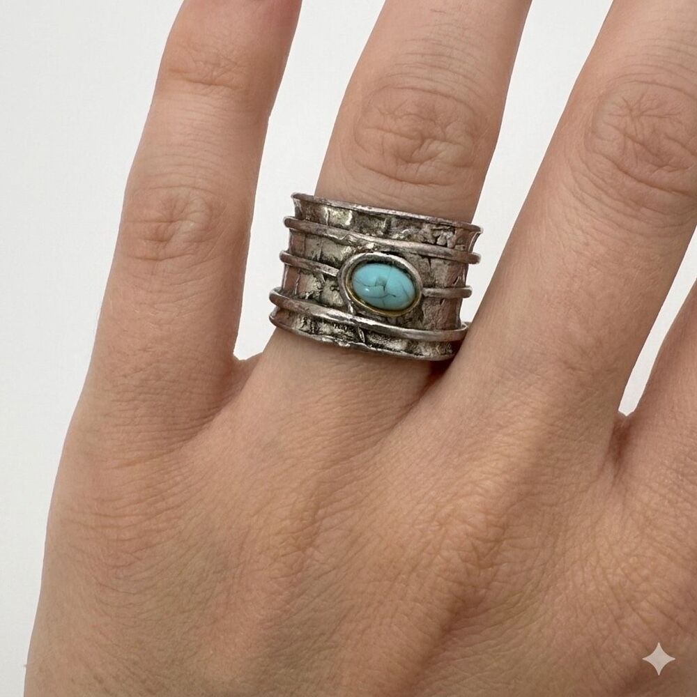 Vintage Heavy Brutalist Artesian Turquoise Statement Band Ring Size Size 6